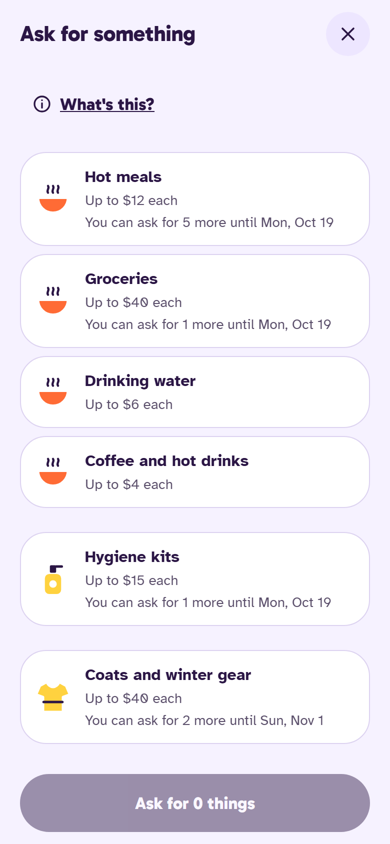 Cover Pass: Ask for something, with hot meals, groceries and more to choose from