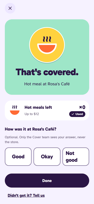 Cover Pass: That's covered. Hot meal at Rosa's Café