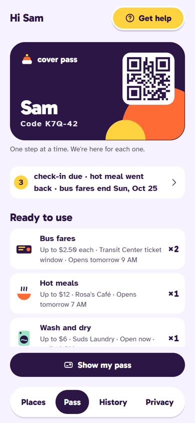 Cover Pass: Sam's pass with hot meals ready to use